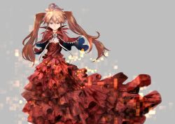 Rule 34 | 1girl, absurdres, alice (buster dress), arms behind back, ascot, bug, buster dress, butterfly, capelet, dress, floating clothes, grey background, highres, insect, long hair, official art, orange hair, red capelet, red dress, red eyes, sadamatsu ryuuichi, smile, solo, twintails, white ascot