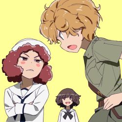 Rule 34 | 3girls, :d, akiyama yukari, belt, black neckerchief, blouse, blue eyes, blue neckerchief, blush stickers, brown belt, brown eyes, brown hair, closed mouth, collared shirt, commentary, crossed arms, curly hair, dixie cup hat, frown, girls und panzer, glaring, green shirt, green shorts, grimace, hairstyle connection, half-closed eyes, hat, highres, kamonohashi (girls und panzer), koala forest military uniform, leaning forward, long sleeves, looking at viewer, messy hair, military hat, multiple girls, neckerchief, onsen tamago (hs egg), ooarai naval school uniform, ooarai school uniform, open mouth, orange hair, red eyes, red hair, rum (girls und panzer), sailor, sailor collar, sam browne belt, school uniform, serafuku, shirt, short hair, short sleeves, shorts, simple background, smile, standing, v-shaped eyebrows, white headwear, white shirt, yellow background