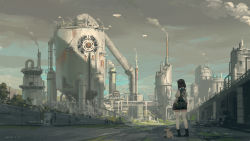 Rule 34 | 1girl, aircraft, animal, black footwear, black hair, boots, braid, building, chimney, cloud, commentary, day, dirigible, factory, fennec fox, fingerless gloves, fox, from behind, gears, gloves, grey sky, highres, industrial, juliet sleeves, long sleeves, original, outdoors, industrial pipe, puffy sleeves, scenery, shorts, sky, smoke, smokestack, standing, twin braids, twintails, wide shot, xiaobanbei milk