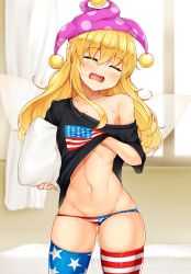 Rule 34 | 1girl, absurdres, american flag legwear, american flag panties, black shirt, blonde hair, closed mouth, clothes lift, clownpiece, cowboy shot, daichi (tokoya), fairy wings, hat, highres, holding, holding pillow, indoors, jester cap, long hair, midriff, pillow, polka dot, purple hat, shirt, single bare shoulder, sleepy, solo, thighhighs, toned, touhou, transparent wings, wings, yawning