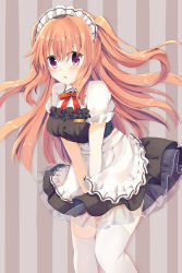 Rule 34 | 1girl, :o, apron, asanagi kurumi (panda-doufu), blush, breasts, brown hair, chestnut mouth, dress, frilled dress, frills, hair between eyes, highres, leaning forward, long hair, looking at viewer, maid, maid headdress, medium breasts, neck ribbon, original, pink eyes, ribbon, short sleeves, solo, striped, striped background, thighhighs, two side up, v arms, vertical stripes, white thighhighs, wing collar
