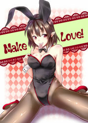Rule 34 | 1girl, animal ears, black hair, black pantyhose, breasts, chaigidhiell, cleavage, condom, condom in mouth, detached collar, fake animal ears, female focus, high heels, leotard, looking at viewer, mouth hold, pantyhose, playboy bunny, pointy ears, rabbit ears, red eyes, shameimaru aya, shoes, short hair, sitting, smile, solo, touhou, wariza, wrist cuffs