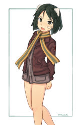 Rule 34 | 1girl, animal ears, bandaid, bandaid on face, black hair, blush, bomber jacket, brave witches, brown eyes, brown jacket, dog ears, female focus, highres, jacket, kanno naoe, looking at viewer, military, military uniform, open mouth, scarf, short hair, simple background, smile, solo, standing, uniform, white background, world witches series