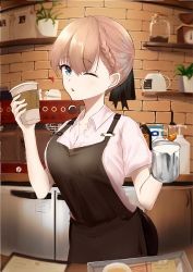 Rule 34 | 1girl, apron, black apron, braid, brown hair, coffee maker, cup, disposable cup, green eyes, heart, indoors, kanzakimitoto, looking at viewer, one eye closed, original, pink shirt, plant, potted plant, shelf, shirt, short hair, short sleeves, solo, standing