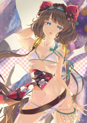 Rule 34 | 1girl, absurdres, arm behind head, arm up, armpits, bare shoulders, beads, belt, bikini, blue eyes, blush, bracelet, breasts, cleavage, collarbone, fate/grand order, fate (series), floral print, goggles, goggles on head, hair ornament, highres, jewelry, katsushika hokusai (fate), katsushika hokusai (swimsuit saber) (fate), long hair, looking at viewer, medium breasts, navel, obi, open mouth, purple hair, sash, sidelocks, swimsuit, thighs, totomiya, white bikini