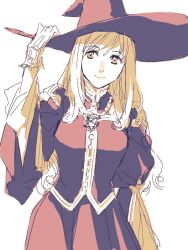 Rule 34 | 1girl, breasts, chrodechild, closed mouth, dress, gensou suikoden, gensou suikoden tierkreis, gloves, hat, long hair, looking at viewer, mikisato, monochrome, simple background, smile, solo, white background, witch hat