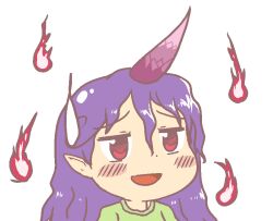 Rule 34 | 1girl, anonymous (japanese), blush, green shirt, gyate gyate, horns, jaggy lines, long hair, open mouth, pointy ears, portrait, purple hair, purple horns, red eyes, shirt, single horn, solo, tenkajin chiyari, touhou, transparent background, unfinished dream of all living ghost