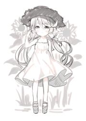 Rule 34 | 1girl, bare arms, bare shoulders, blush, charlotta (granblue fantasy), closed mouth, collarbone, dress, flower, full body, granblue fantasy, greyscale, hair between eyes, hand up, harvin, hat, light smile, looking at viewer, meito (maze), monochrome, platform footwear, pointy ears, sandals, sleeveless, sleeveless dress, solo, standing, straw hat, sundress, sunflower, white background