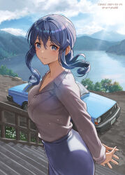 Rule 34 | 1girl, blue eyes, blue hair, blue skirt, blush, breasts, car, cleavage, closed mouth, collarbone, collared shirt, commission, dated, day, gotland (kancolle), grey shirt, hair between eyes, kantai collection, lake, long hair, medium breasts, mole, mole under eye, motor vehicle, outdoors, shirt, skeb commission, skirt, smile, solo, stairs, tantaka, twitter username, volvo, volvo 244