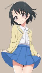 Rule 34 | 1girl, black hair, blue skirt, blush, brown background, brown eyes, buttons, cardigan, commentary request, cowboy shot, flat chest, hair ornament, hairclip, highres, idolmaster, idolmaster cinderella girls, long sleeves, looking at viewer, nervous smile, open cardigan, open clothes, pleated skirt, rabbit hair ornament, sasaki chie, shirt, short hair, skirt, skirt hold, smile, solo, tamayan, thighs, twitter username, white shirt, wing collar, yellow cardigan