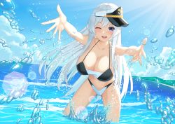 Rule 34 | 1girl, ;d, alternate costume, azur lane, bare arms, bare shoulders, bikini, black hat, blue eyes, blue sky, blush, breasts, cameltoe, cleavage, cloud, collarbone, commentary request, day, enterprise (azur lane), gluteal fold, hat, highres, horizon, large breasts, leaning forward, lens flare, light rays, long hair, ocean, one eye closed, open mouth, outstretched arm, outstretched arms, pov, sideways hat, silver hair, sky, smile, solo, splashing, standing, sunbeam, sunlight, swimsuit, takurowo, two-tone bikini, very long hair, visor cap, water, water drop