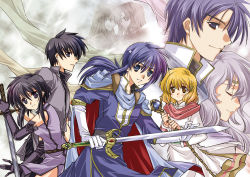 Rule 34 | 4boys, 4girls, age difference, armor, black hair, blonde hair, blush, brother and sister, brown eyes, cape, circlet, deirdre (fire emblem), elbow gloves, closed eyes, family, father and son, fire emblem, fire emblem: genealogy of the holy war, gloves, headband, husband and wife, julia (fire emblem), julius (fire emblem), lana (fire emblem), larcei (fire emblem), long hair, morozumi (kaorin), mother and daughter, mother and son, multiple boys, multiple girls, nintendo, purple eyes, purple hair, robe, scathach (fire emblem), seliph (fire emblem), short hair, shoulder pads, siblings, sigurd (fire emblem), smile, staff, sword, weapon