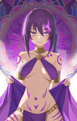 Rule 34 | 1girl, absurdres, arabian clothes, armband, black hair, body markings, breasts, commission, commissioner upload, dwisketch, gold choker, gold necklace, highres, jewelry, leg tattoo, looking at viewer, medium breasts, multicolored hair, necklace, non-web source, original, pelvic curtain, purple eyes, purple hair, purple lips, shoko the alien, shoulder tattoo, smile, solo, stomach tattoo, tattoo, veil