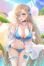 Rule 34 | 1girl, absurdres, alternate costume, asuna (blue archive), bare shoulders, bikini, black choker, blonde hair, blue archive, blue bikini, blue eyes, blue halo, blush, breasts, choker, cleavage, dokimaru, frills, hair over one eye, halo, highres, large breasts, long hair, looking at viewer, mole, mole on breast, navel, ocean, off shoulder, one eye covered, open mouth, palm tree, scrunchie, shirt, smile, solo, swimsuit, thigh strap, thighs, tree, wet, white shirt, wrist scrunchie, wristband