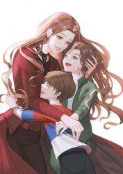 Rule 34 | 1girl, 2boys, animification, back, billy maximoff, black pants, blue shirt, brothers, brown hair, cape, child, closed eyes, doctor strange in the multiverse of madness, fingernails, good end, green eyes, green jacket, hands up, happy, hug, jacket, lips, long hair, long sleeves, looking at another, looking down, looking up, marvel, marvel cinematic universe, mother and son, multicolored clothes, multicolored shirt, multiple boys, open clothes, open jacket, open mouth, pants, poboong123, red cape, red eyes, red jacket, red shirt, scarlet witch, shirt, short hair, siblings, simple background, smile, standing, t-shirt, teeth, tommy maximoff, twins, wanda maximoff, white background, white shirt