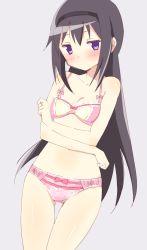 Rule 34 | 1girl, akemi homura, black hair, black hairband, blush, bow, bow bra, bow panties, bra, breasts, closed mouth, commentary request, cowboy shot, crossed arms, frilled bra, frills, grey background, hairband, highres, jewelry, light frown, long hair, looking at viewer, mahou shoujo madoka magica, mahou shoujo madoka magica (anime), navel, panties, pink bra, pink panties, purple eyes, ring, simple background, small breasts, solo, standing, thigh gap, tsubaki (tatajd), underwear, underwear only