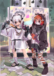 Rule 34 | 2girls, absurdres, alternate costume, animal print, belt, black belt, black eyes, black footwear, black gloves, black hoodie, black neckerchief, black scarf, blush, boots, candy, cellphone, character print, closed mouth, commentary request, common raccoon (kemono friends), corn dog, cotton candy, covered mouth, elbow gloves, food, full body, giant panda (kemono friends), gloves, grey socks, hand up, head tilt, headphones, headphones for animal ears, highres, holding, holding candy, holding food, holding phone, hood, hood up, hoodie, jewelry, kemono friends, lesser panda (kemono friends), locked arms, long sleeves, looking at another, looking at food, mask, mouth mask, multicolored clothes, multicolored hair, multicolored skirt, multiple girls, neckerchief, open clothes, open hoodie, orange hair, pantyhose, pendant, pero (sabuaka bacon), phone, print mask, print pantyhose, purple gloves, red panda ears, red panda girl, sandals, scarf, sett, sharing food, skirt, smartphone, smile, socks, standing, streetwear, white hair, white tunic
