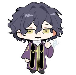 Rule 34 | 1boy, chibi, chinese commentary, commentary request, hair between eyes, hair intakes, hand up, horizontal pupils, ice, long sleeves, male focus, open mouth, purple robe, robe, saibou shinkyoku, shirt, short hair, simple background, smile, solo, stole, utsugi noriyuki, white background, white shirt, xiaoyuweiliang, yellow eyes