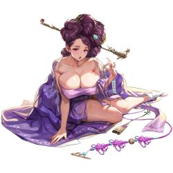 Rule 34 | 1girl, blush, breasts, bursting breasts, chest sarashi, chinese knot, cleavage, clothes lift, collarbone, covered erect nipples, crest, doughnut hair bun, earrings, family crest, floral print, full body, gem, hair bun, hair intakes, hair ornament, hair stick, hanbok, hand on ground, highres, huge breasts, jade (gemstone), jewelry, korean clothes, last origin, leaf hair ornament, lemonade alpha, lipstick, long hair, looking at viewer, makeup, mature female, mole, mole under eye, multiple hair buns, official alternate costume, official art, open mouth, panties, panty peek, phoenix print, pink lips, pinkmill, purple hair, purple sash, red eyes, red gemstone, sarashi, sash, see-through, simple background, sitting, skindentation, socks, solo, stud earrings, tabi, tachi-e, thick thighs, thighs, third-party source, tongue, transparent background, underwear, white panties, white socks, yokozuwari