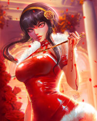 Rule 34 | 1girl, bare shoulders, black hair, blood, breasts, commentary, covered navel, dagger, dress, english commentary, flower, hair flower, hair ornament, hairband, highres, holding, holding dagger, holding knife, holding weapon, indoors, knife, large breasts, lips, lipstick, looking at viewer, makeup, medium hair, red dress, red eyes, red flower, red lips, red rose, rose, santa dress, seiorai, sidelocks, skin tight, solo, spy x family, upper body, weapon, yor briar