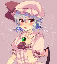 Rule 34 | 1girl, blue hair, blush, bonnet, bow, commentary request, hair bow, mame. (mame mochi), open mouth, pink background, red eyes, remilia scarlet, short hair, solo, touhou, wings