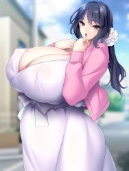 Rule 34 | 1girl, areola slip, artist name, ass, blush, breasts, cardigan, cleavage, covered erect nipples, cowboy shot, curvy, dress, gigantic breasts, huge breasts, kisuke i, long hair, looking at viewer, original, outdoors, pink cardigan, pregnant, purple hair, road, scrunchie, see-through, shiny skin, sidelocks, standing, street, thick thighs, thighs, wide hips, yellow eyes