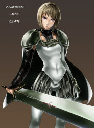 Rule 34 | 00s, 1girl, abubu, armor, blade, blonde hair, clare (claymore), claymore (series), claymore (sword), gradient background, huge weapon, short hair, solo, sword, weapon