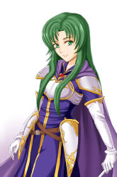 Rule 34 | 1girl, armor, belt, breastplate, cape, cecilia (fire emblem), fire emblem, fire emblem: the binding blade, gloves, green eyes, green hair, hair intakes, jewelry, long hair, looking at viewer, matching hair/eyes, nintendo, pendant, robe, smile, solo, white armor, white gloves