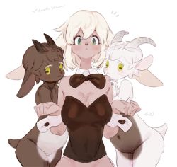 Rule 34 | 1girl, 2others, :3, androgynous, animal ears, artist name, bare shoulders, bebebe, black neckwear, blonde hair, blush, borrowed character, bottomless, bow, bowtie, braid, breasts, brown hair, cleavage, closed mouth, covered navel, detached collar, english text, fake animal ears, furry, goat ears, goat tail, green eyes, hand on another&#039;s shoulder, hand up, hands up, happy, horns, large breasts, leotard, looking at viewer, multiple others, navel, notice lines, nude, original, out-of-frame censoring, playboy bunny, rabbit ears, short hair, signature, simple background, smile, standing, tail, thank you, white background, white hair, wide-eyed, wrist cuffs