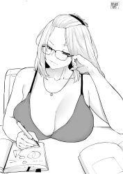 Rule 34 | 1girl, artist name, bangs pinned back, bare shoulders, breasts, chair, cleavage, folded hair, glasses, greyscale, hair pulled back, highres, holding, holding pen, huge breasts, inne sulistya robin, long hair, monochrome, norman maggot, notebook, original, pen, sitting, solo, tank top, teacher, writing