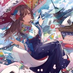 Rule 34 | 1girl, architecture, blue skirt, blue sky, blush, breasts, brown footwear, brown hair, building, chair, closed mouth, cloud, cloudy sky, commentary request, dango, display case, east asian architecture, floating, floating hair, floral print, flower, food, food in mouth, frilled umbrella, frills, hair ornament, hands up, holographic interface, japanese clothes, kanzashi, kimono, layered clothes, long hair, long skirt, long sleeves, looking at viewer, mount fuji, multicolored clothes, multicolored kimono, necomi, original, parted bangs, purple eyes, red legwear, sitting, skewer, skirt, sky, smile, solo, teeth, tower, umbrella, wagashi, wide sleeves