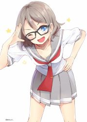 Rule 34 | &gt;;d, 10s, 1girl, ;d, blue eyes, blush, collarbone, eyebrows, glasses, grey hair, hand on own hip, leaning forward, looking at viewer, love live!, love live! sunshine!!, natsu (natume0504), neckerchief, one eye closed, open mouth, pleated skirt, salute, school uniform, serafuku, short hair, short sleeves, skirt, smile, solo, star (symbol), tie clip, twitter username, v-shaped eyebrows, watanabe you