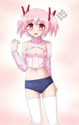 Rule 34 | 10s, 1girl, bare shoulders, cleavage cutout, clothing cutout, detached sleeves, flying sweatdrops, hayashiya zankurou, kaname madoka, looking at viewer, mahou shoujo madoka magica, mahou shoujo madoka magica (anime), meme attire, midriff, navel, open-chest sweater, open mouth, pink eyes, pink hair, ribbed sweater, sleeveless, sleeveless turtleneck, smile, solo, sweater, thighhighs, turtleneck, twintails, white thighhighs