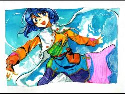 Rule 34 | 1girl, belt, belt pouch, blue eyes, blue hair, blue sky, breasts, bright pupils, cape, dress, dutch angle, highres, long sleeves, multicolored clothes, multicolored dress, open mouth, outstretched arms, pouch, red belt, sky, small breasts, smile, solo, spread arms, tenkyuu chimata, touhou, white cape, white pupils, youshouhaoxianzhe