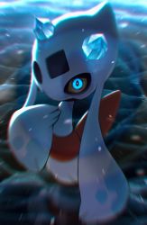 Rule 34 | blue background, blue eyes, blue theme, blurry, creatures (company), from above, froslass, full body, game freak, gen 4 pokemon, glowing, glowing eye, highres, hollow eyes, horns, light particles, looking at viewer, motion blur, nintendo, no humans, pokemon, pokemon (creature), rend, solo