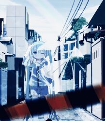 Rule 34 | 1girl, beamed eighth notes, blue eyes, blue hair, blurry, blurry foreground, boom barrier, building, closed mouth, commentary, day, dot mouth, hand up, hatsune miku, highres, hikimayu, holding, holding umbrella, hood, hoodie, musical note, one eye closed, outdoors, power lines, road, shading eyes, shorts, solo, standing, street, syare 0603, transparent, transparent umbrella, twintails, umbrella, vocaloid
