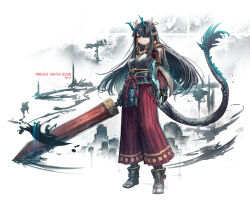Rule 34 | 1girl, absurdres, arknights, black footwear, black gloves, black hair, blue hair, breasts, closed mouth, commentary request, dragon girl, dragon horns, dragon tail, dusk (arknights), franlol, gloves, hair over one eye, hakama, hakama pants, highres, holding, holding sword, holding weapon, horns, huge weapon, japanese clothes, long hair, medium breasts, monster hunter (series), multicolored hair, orange eyes, pants, pointy ears, red pants, solo, standing, streaked hair, sword, tail, very long hair, weapon