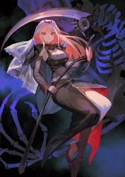Rule 34 | 1girl, breasts, cleavage, dark background, dress, funeral dress, high heels, highres, holding, holding scythe, hololive, hololive english, lack, large breasts, long hair, looking at viewer, mori calliope, pink hair, red eyes, scythe, skeleton, smile, solo, veil, virtual youtuber, weapon
