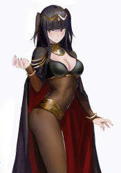 Rule 34 | 1girl, black hair, blush, breasts, cape, cleavage, cleavage cutout, clothing cutout, fire emblem, fire emblem awakening, highres, long hair, looking at viewer, medium breasts, nintendo, purple eyes, qosic, simple background, solo, standing, tharja (fire emblem), white background