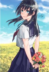 Rule 34 | 1girl, arms behind back, artist name, black hair, blue eyes, blue sailor collar, blue sky, bouquet, closed mouth, cloud, commentary, day, dress shirt, field, floating hair, flower, flower field, hair flower, hair ornament, hair strand, highres, holding, holding bouquet, holding flower, long hair, long skirt, looking at viewer, looking back, neckerchief, osushimax, outdoors, pink flower, pleated skirt, red neckerchief, sailor collar, sakugawa school uniform, saten ruiko, school uniform, serafuku, shirt, short sleeves, signature, skirt, sky, smile, solo, toaru kagaku no railgun, toaru majutsu no index, v arms, white flower, white shirt, wind