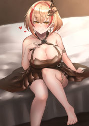 Rule 34 | 1girl, absurdres, azur lane, bare shoulders, barefoot, black dress, blonde hair, blush, breasts, brown eyes, cleavage, collarbone, commentary request, dress, earrings, hair between eyes, hair ornament, hand on own chest, heart, highres, jewelry, large breasts, looking at viewer, multicolored hair, on bed, red hair, roon (azur lane), roon (dark red grin) (azur lane), short hair, sitting, sleeveless, sleeveless dress, smile, solo, srn ana, streaked hair