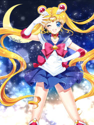 Rule 34 | 1girl, ;d, back bow, bishoujo senshi sailor moon, blonde hair, blue background, blue eyes, blue sailor collar, blue skirt, boots, bow, brooch, choker, circlet, cowboy shot, crescent, earrings, elbow gloves, gloves, hair ornament, hairpin, jewelry, knee boots, long hair, magical girl, one eye closed, open mouth, pleated skirt, red bow, red footwear, red neckwear, sailor collar, sailor moon, sailor senshi uniform, shirataki kaiseki, signature, skirt, smile, solo, standing, tsukino usagi, white gloves