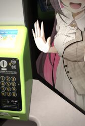 Rule 34 | 1girl, azki (4th costume) (hololive), azki (hololive), black hair, collared dress, colored inner hair, dress, hand on glass, head out of frame, highres, hololive, long hair, multicolored hair, open mouth, payphone, phone, phone booth, pink hair, smile, solo, streaked hair, suzuushi, virtual youtuber, white hair