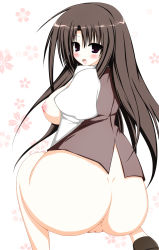 Rule 34 | 1girl, akaba chizuru, anus, ass, black eyes, bottomless, breasts, brown hair, cleft of venus, female focus, from behind, highres, huge ass, large breasts, long hair, looking back, lovelovemaid, nipples, no bra, open mouth, pussy, school uniform, seitokai no ichizon, shirt, shoes, solo, squatting, uncensored