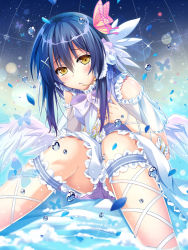 Rule 34 | 10s, 1girl, angel wings, ankle lace-up, bad id, bad pixiv id, blue hair, bow, bowtie, bridal garter, butterfly hair ornament, clothing cutout, constellation, cross-laced footwear, feathered wings, flower, hair between eyes, hair flower, hair ornament, headphones, headset, hirai yuzuki, knees together feet apart, long hair, looking at viewer, love live!, love live! school idol festival, love live! school idol project, ribbon, shoulder cutout, sitting, solo, sonoda umi, wings, wrist ribbon, yellow eyes