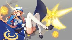 Rule 34 | 00s, 1girl, bag, black footwear, blonde hair, commentary, dungeon and fighter, hat, highres, long hair, mage (dungeon and fighter), mary janes, mil-yu, pointy ears, red eyes, shoes, smile, solo, thighhighs, tongue, tongue out, white thighhighs