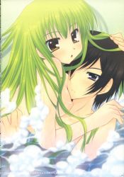 Rule 34 | 00s, blue eyes, blush, breasts, bubble, code geass, covered erect nipples, green hair, long hair, nipples, scan, water, yellow eyes