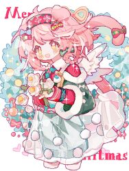 Rule 34 | 1girl, :d, animal ears, arknights, bow, candy, candy cane, capelet, cat ears, cat girl, cat tail, christmas, cropped legs, dress, english text, flower, flower-shaped pupils, food, fur-trimmed capelet, fur trim, goldenglow (arknights), goldenglow (maiden for the bright night) (arknights), green dress, hair bow, hair rings, hands up, headband, heart, highres, holding, holding flower, infection monitor (arknights), looking at viewer, official alternate costume, open mouth, ornament, pink hair, pixelated, red capelet, rose, saucer (saucer752), see-through, short hair, sidelocks, simple background, smile, solo, sweater, sweater dress, swept bangs, symbol-shaped pupils, tail, tail bow, tail ornament, typo, white background, white flower, white rose, wreath, yellow eyes