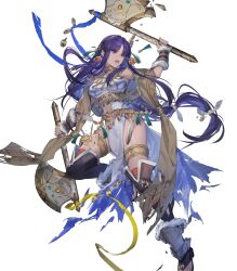 Rule 34 | 1girl, akka, altina (fire emblem), altina (unrivaled dawn) (fire emblem), axe, bare shoulders, breasts, chipped axe, clothing cutout, damaged, dual wielding, earrings, fire emblem, fire emblem: radiant dawn, fire emblem heroes, hair tie, highres, holding, holding axe, huge weapon, jewelry, large breasts, long hair, navel, navel cutout, nintendo, non-web source, official alternate costume, official art, open mouth, pelvic curtain, purple eyes, purple hair, smile, solo, torn clothes, very long hair, weapon