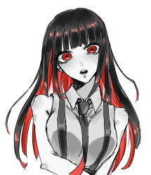 Rule 34 | 1girl, bare arms, bare shoulders, black hair, black necktie, collared shirt, colored inner hair, commentary request, cropped torso, dress shirt, head tilt, highres, kamierabi, limited palette, long hair, looking at viewer, multicolored hair, necktie, open mouth, red eyes, red hair, sawa honoka, shirt, skirt, sleeveless, sleeveless shirt, solo, suspender skirt, suspenders, user yncu2342, white background, white shirt